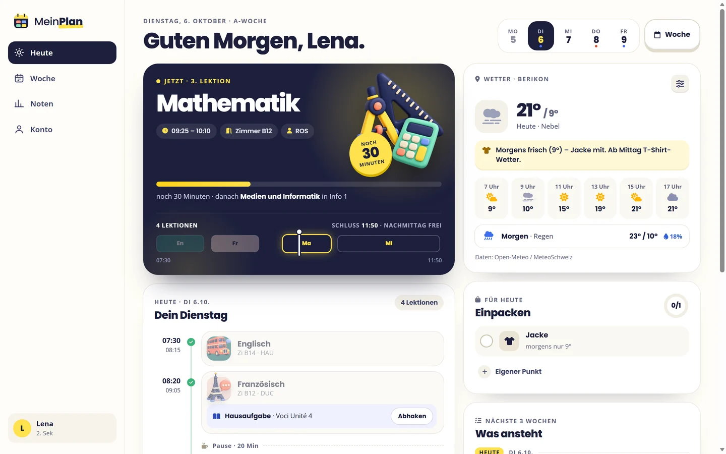 MeinPlan am Computer: Seite «Heute» mit laufender Lektion Mathematik, Wetter und Einpack-Liste