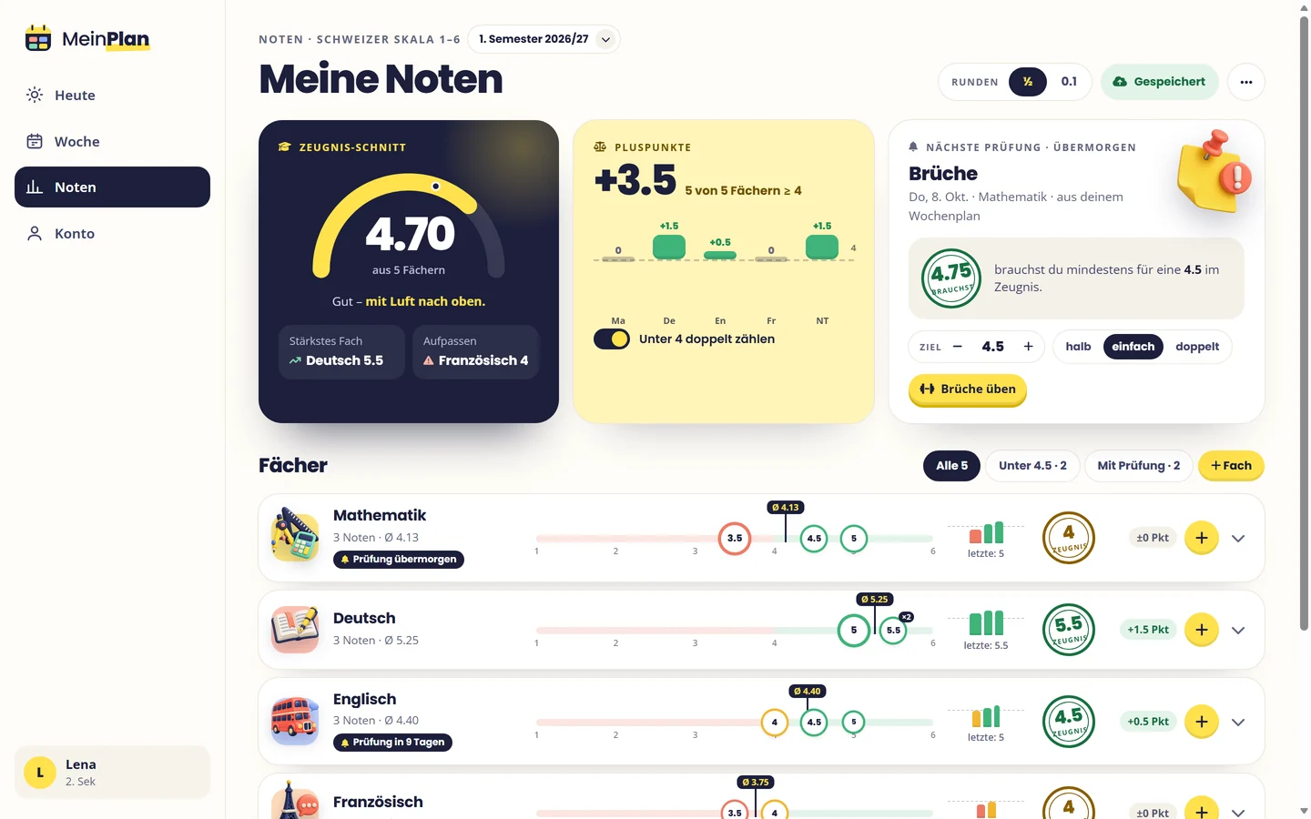 Notenseite am Computer mit Zeugnis-Schnitt, Pluspunkten und nächster Prüfung