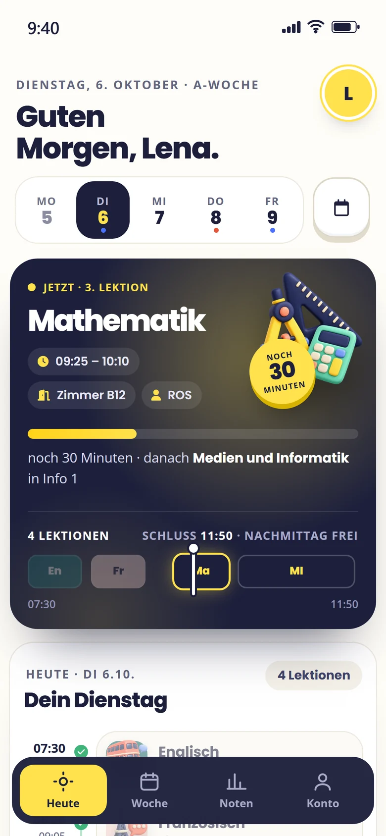 MeinPlan auf dem Handy: Seite «Heute»