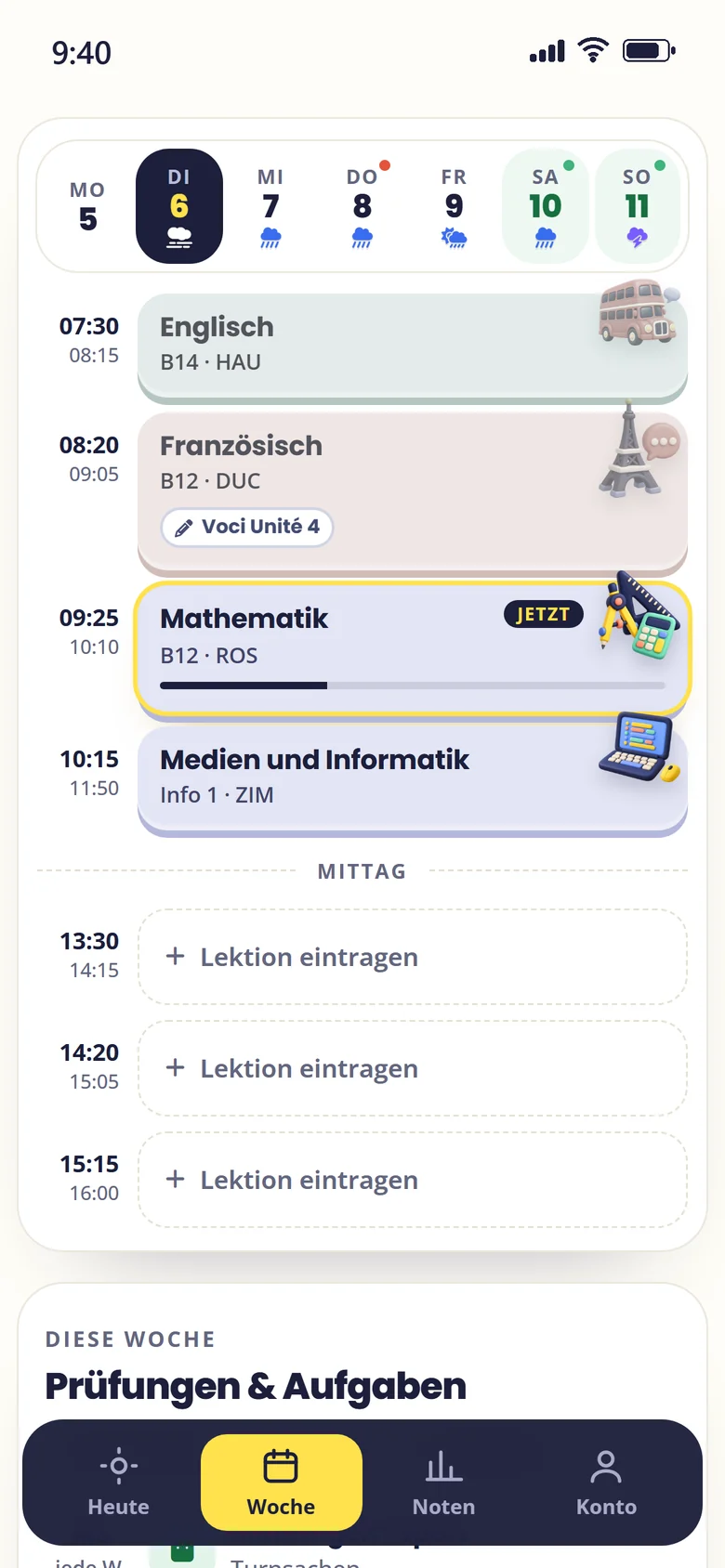 Wochenplan auf dem Handy, Tagesansicht Dienstag
