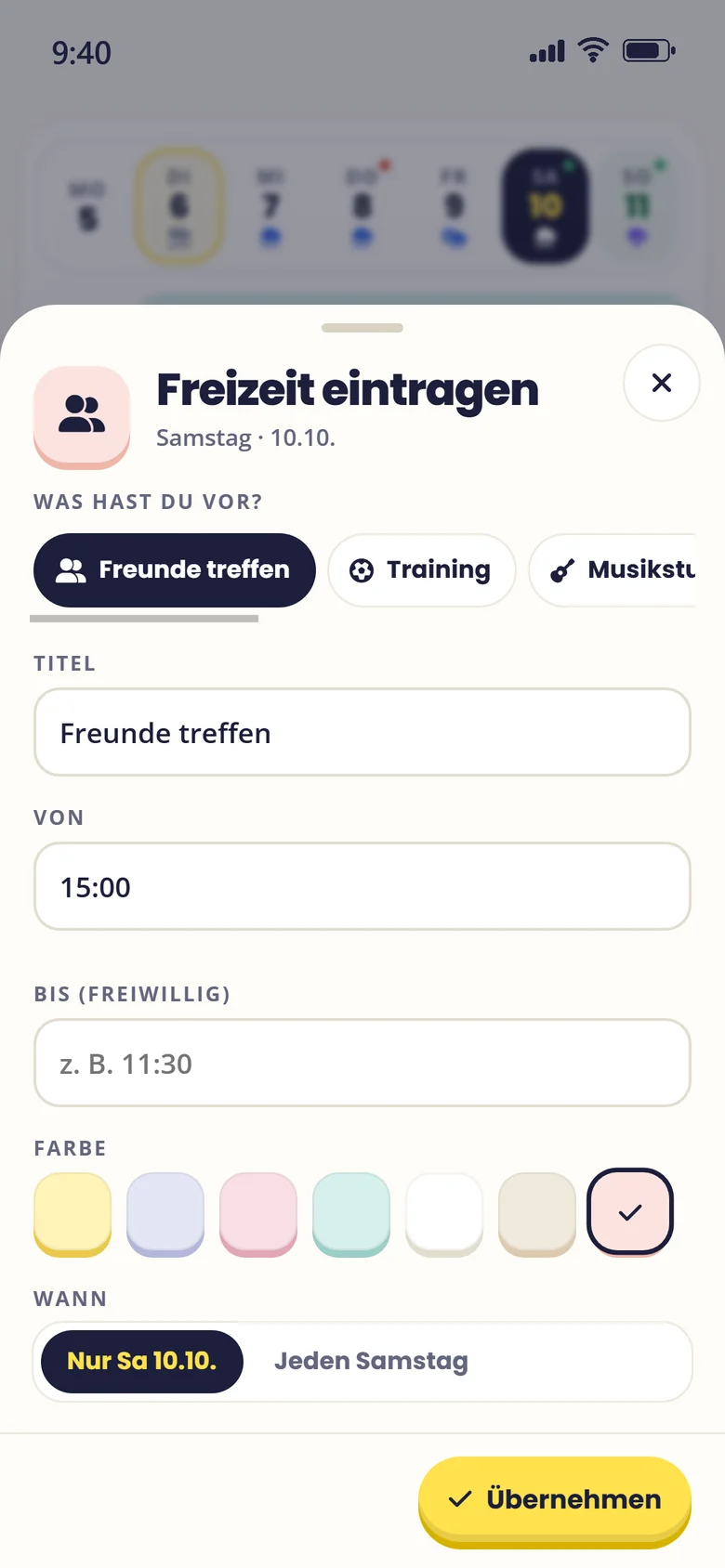 Freizeit am Samstag eintragen