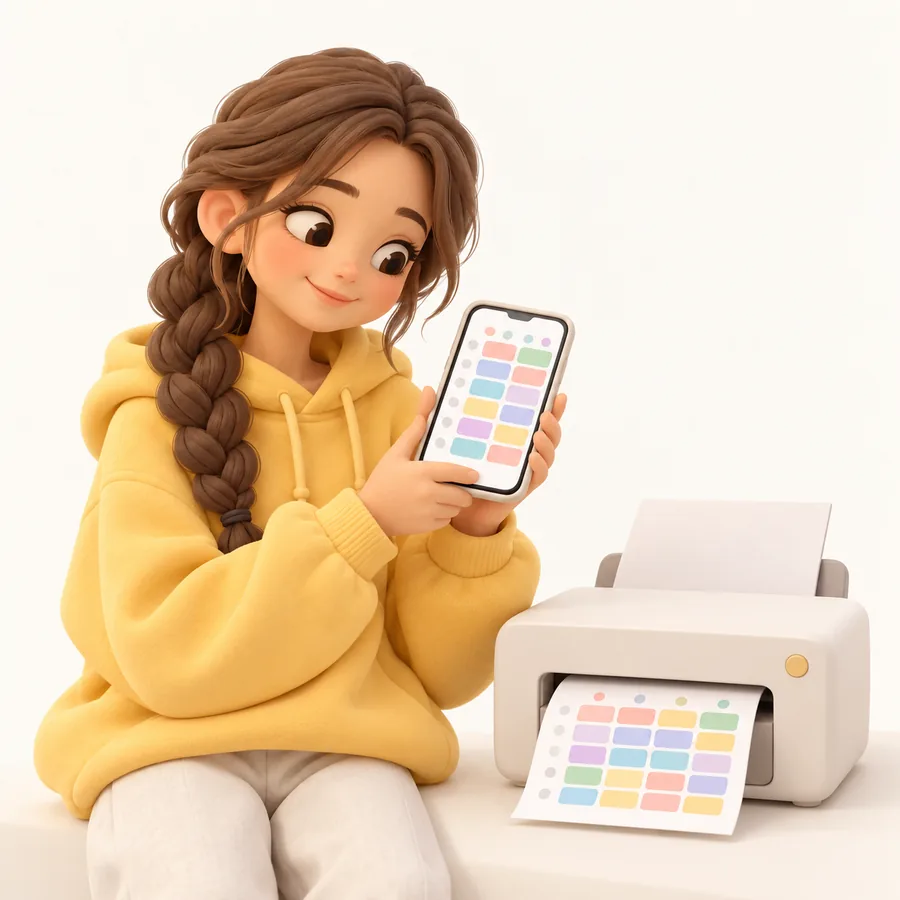Ein Mädchen schaut den Stundenplan auf dem Handy an, daneben druckt ein Drucker denselben Plan