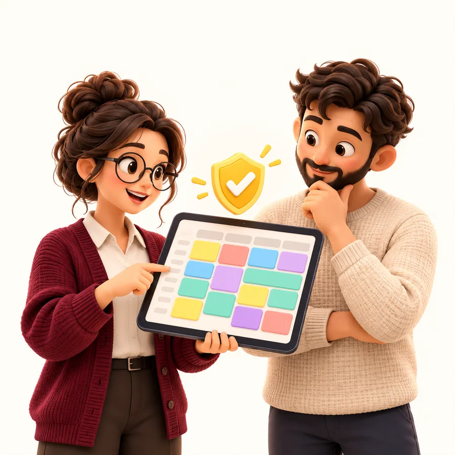 Eine Lehrerin und ein Vater schauen gemeinsam einen Stundenplan auf dem Tablet an