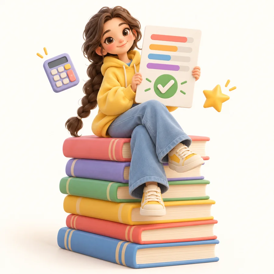 Ein Mädchen sitzt auf einem Bücherstapel und zeigt ein Zeugnis mit grünem Häkchen