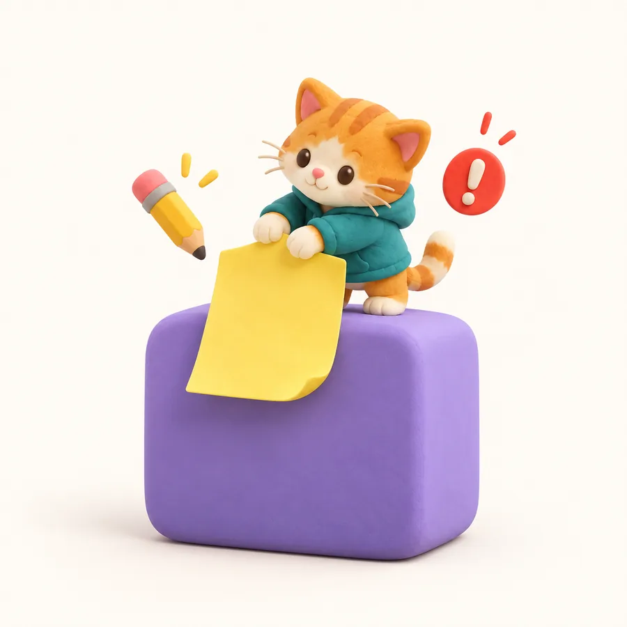 Eine Katze klebt einen gelben Notizzettel auf einen Lektionsblock