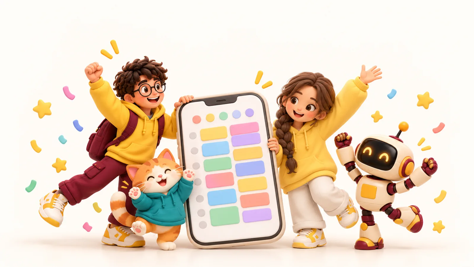 Kinder freuen sich mit Handy, Katze und Roboter über ihren Stundenplan